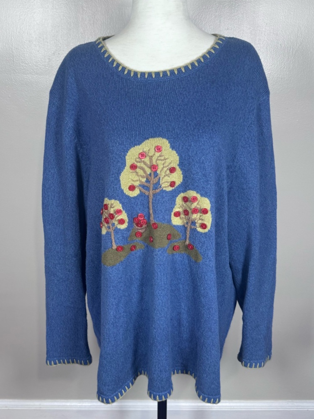 CJ Banks Sz 2X Blue Fall Apple Tree Hand Embroidered Buttons Y2K Granny Sweater